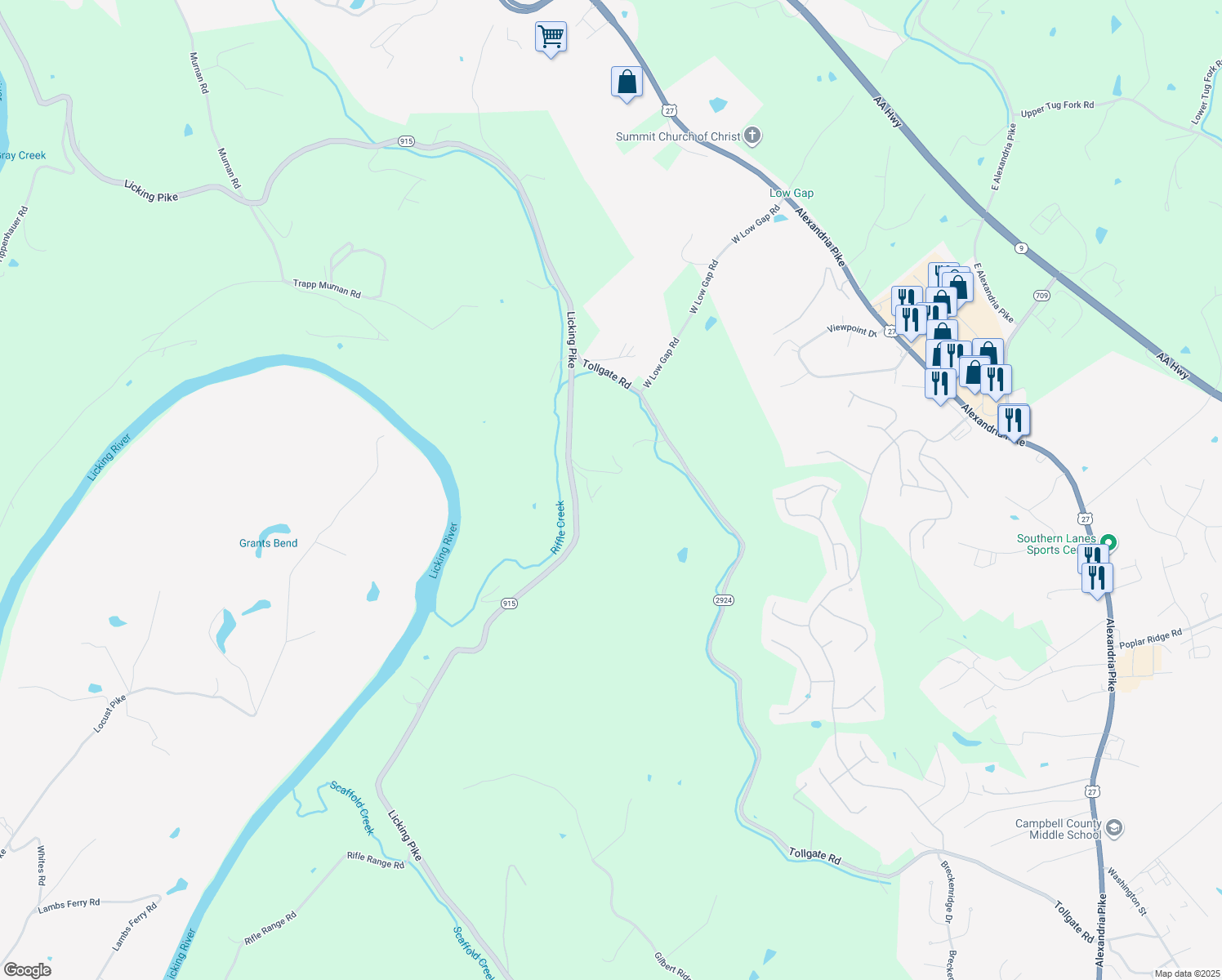 map of restaurants, bars, coffee shops, grocery stores, and more near 7905 Licking Pike in Alexandria
