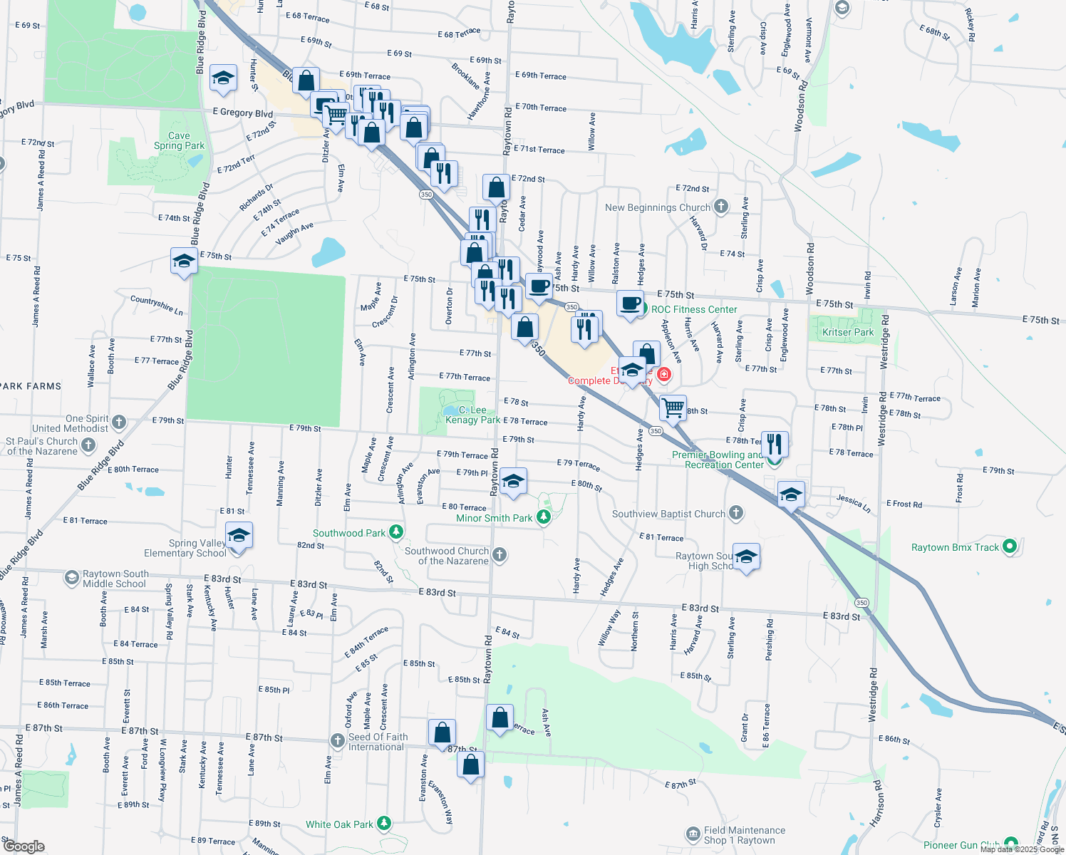 map of restaurants, bars, coffee shops, grocery stores, and more near 10025 East 78 Terrace in Raytown