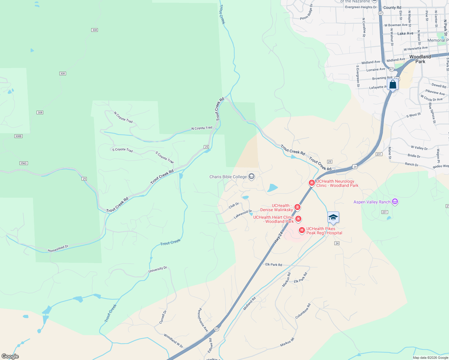 map of restaurants, bars, coffee shops, grocery stores, and more near 32 Leisure Lane in Woodland Park