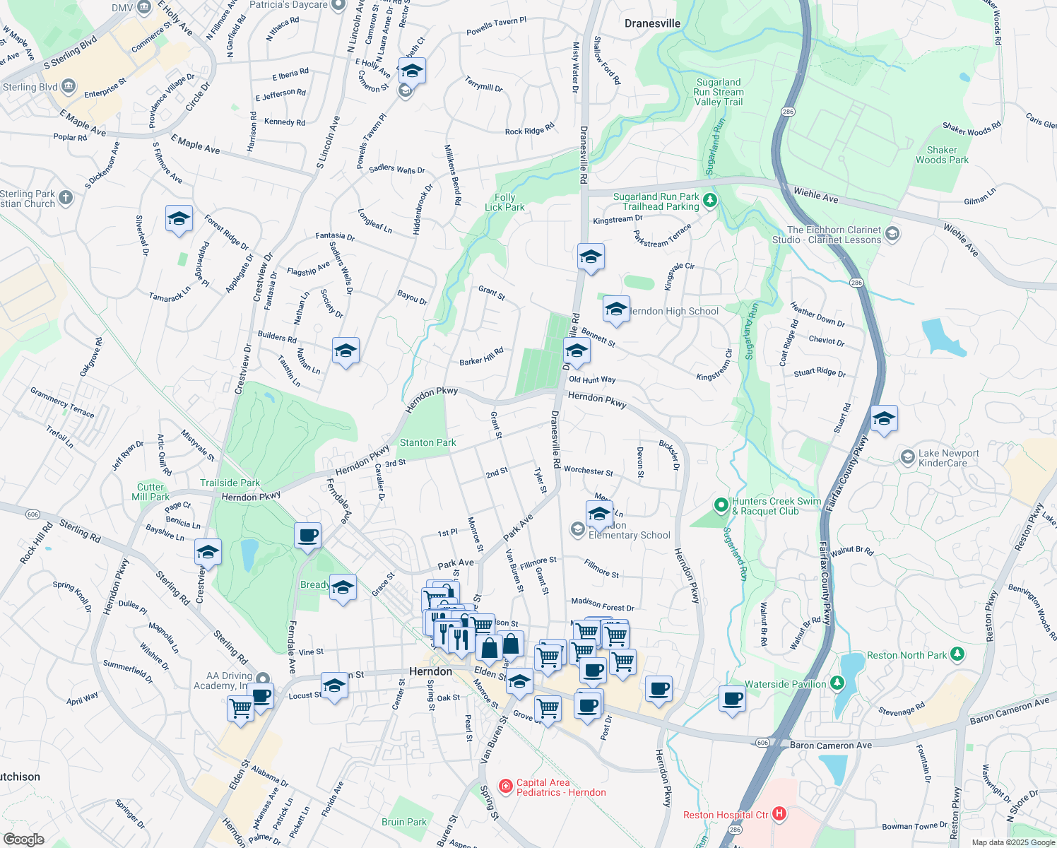 map of restaurants, bars, coffee shops, grocery stores, and more near 782 3rd Street in Herndon