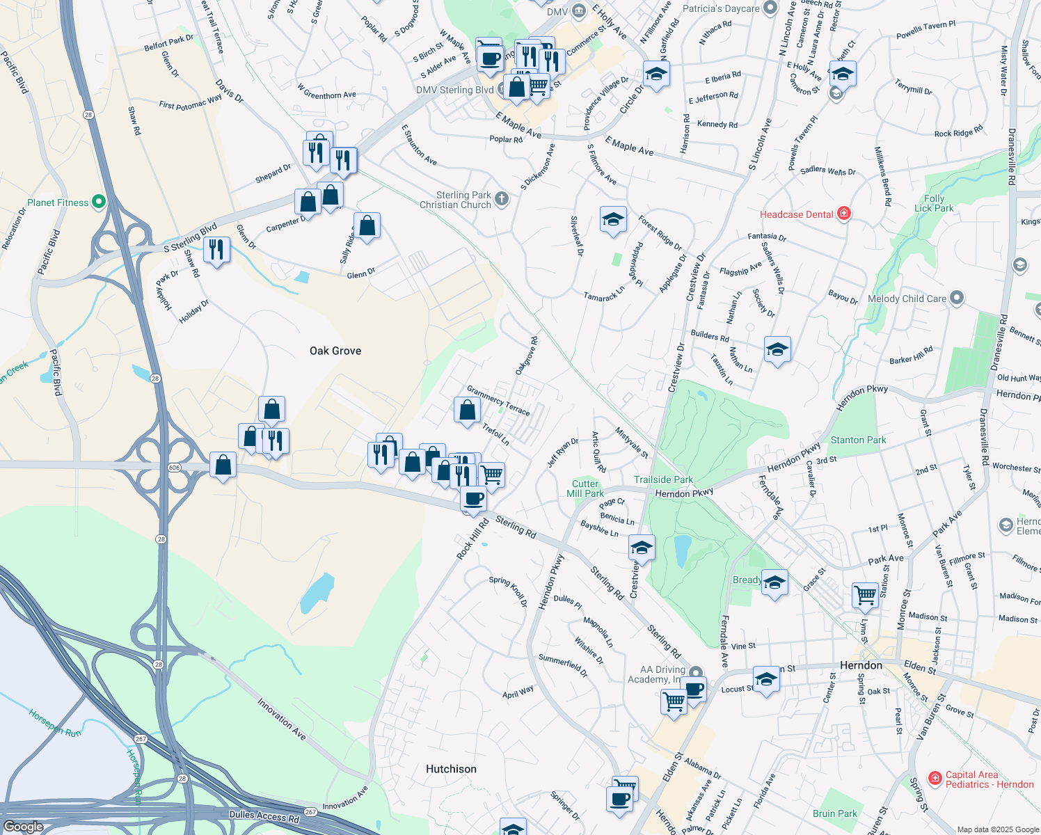 map of restaurants, bars, coffee shops, grocery stores, and more near 22936 Regent Terrace in Sterling