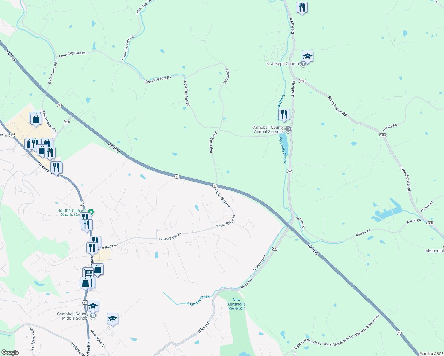 map of restaurants, bars, coffee shops, grocery stores, and more near 1659 Poplar Ridge Road in Alexandria