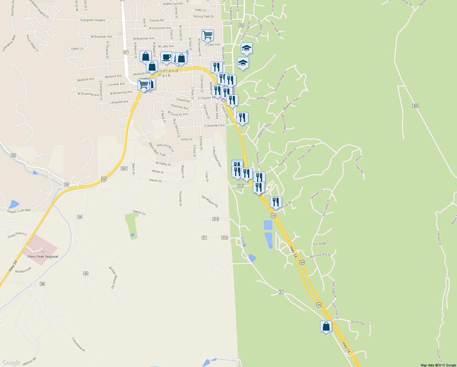 map of restaurants, bars, coffee shops, grocery stores, and more near 1200 South Woodland Avenue in Woodland Park