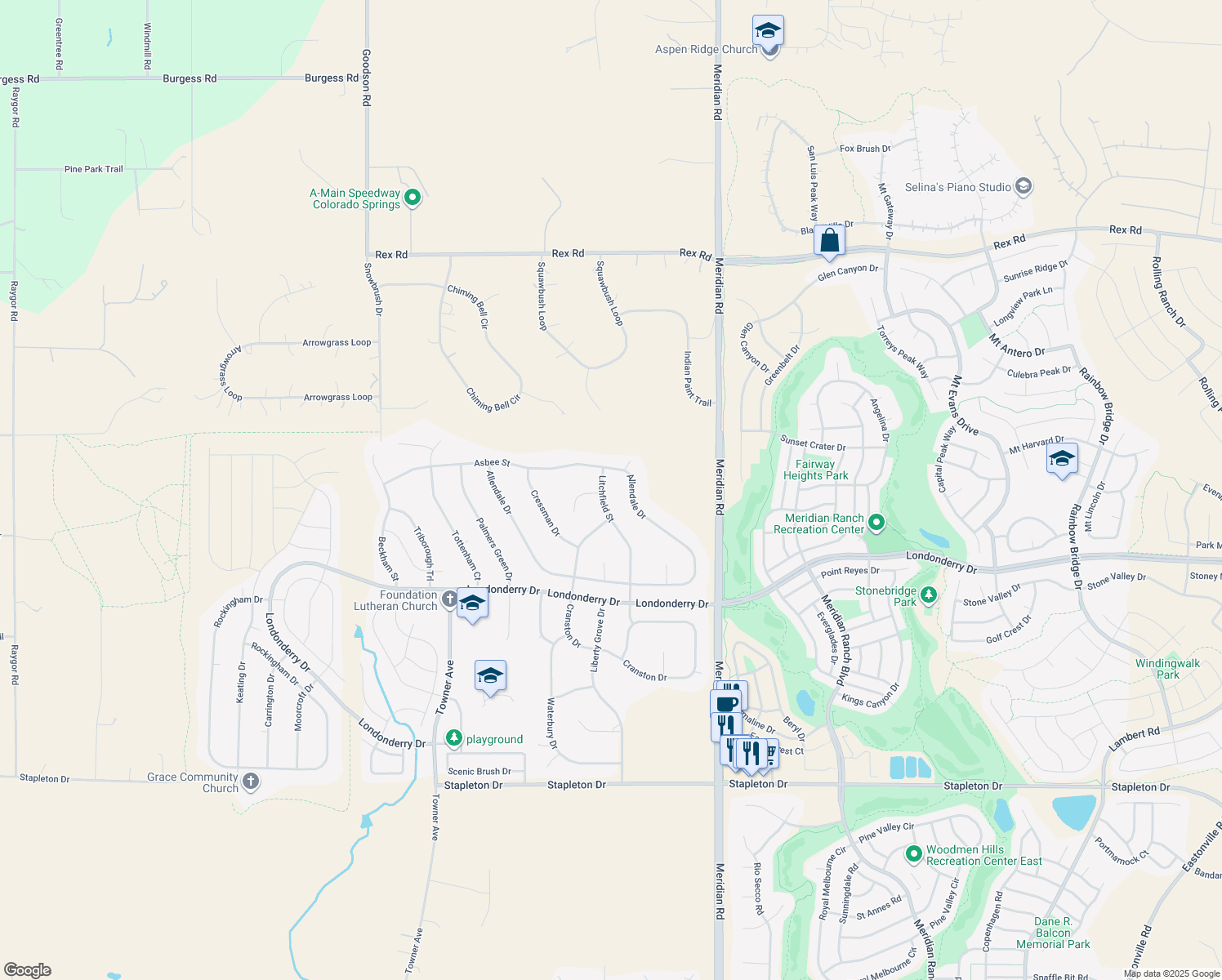 map of restaurants, bars, coffee shops, grocery stores, and more near 10055 Litchfield Street in Peyton