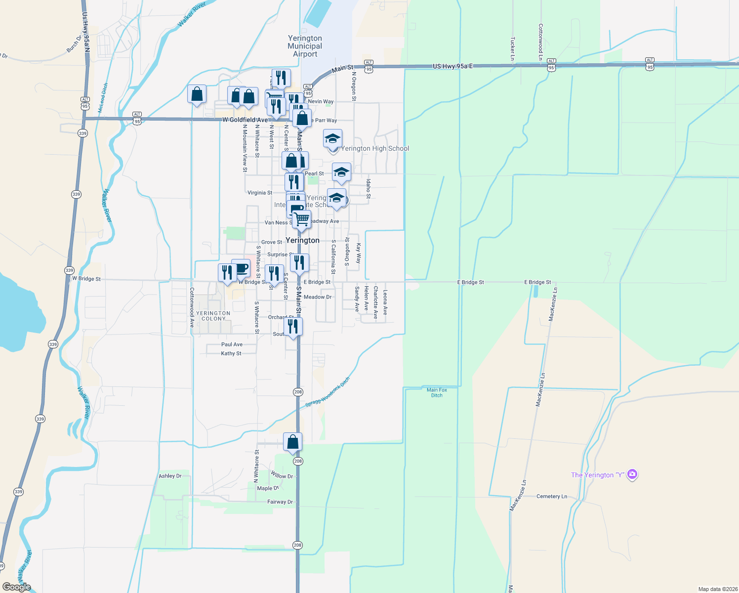 map of restaurants, bars, coffee shops, grocery stores, and more near 310 Helen Avenue in Yerington