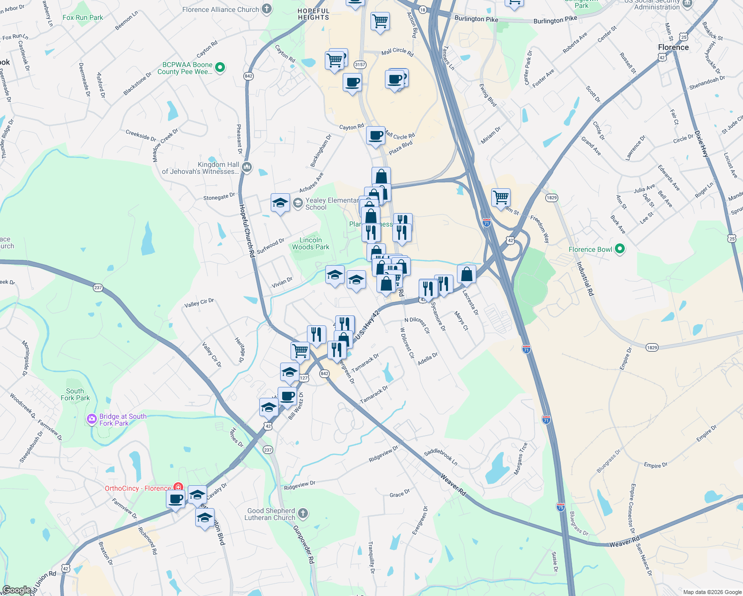 map of restaurants, bars, coffee shops, grocery stores, and more near 24 Airview Drive in Florence