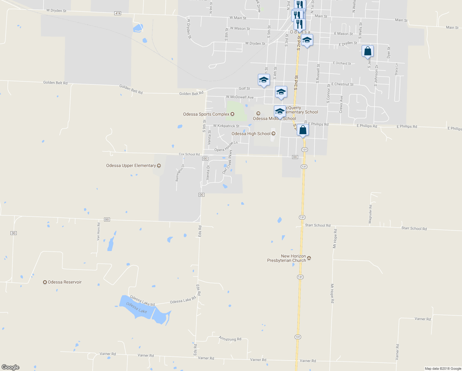 map of restaurants, bars, coffee shops, grocery stores, and more near 999 Clayton Place in Odessa