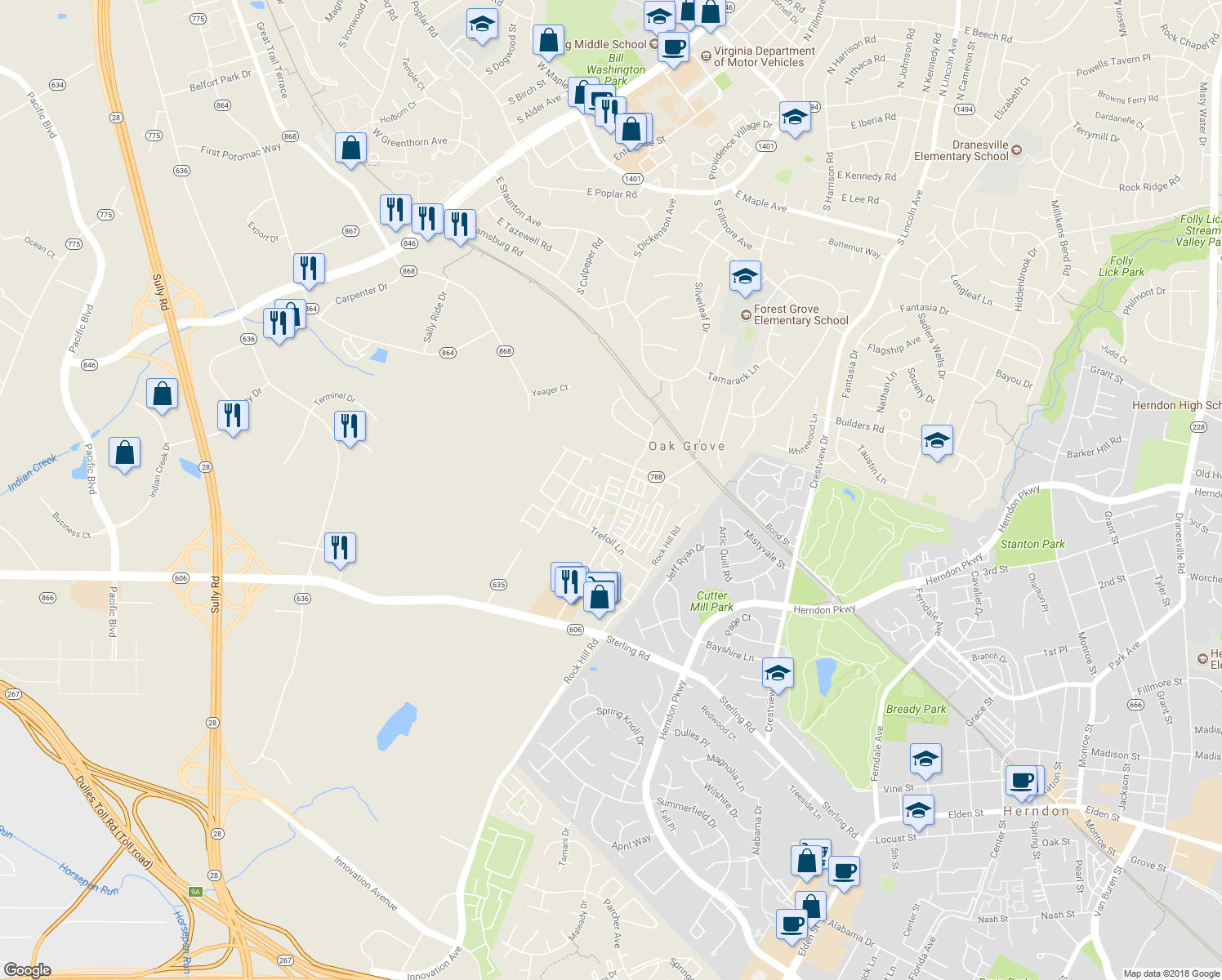 map of restaurants, bars, coffee shops, grocery stores, and more near 46023 Knight Terrace in Sterling