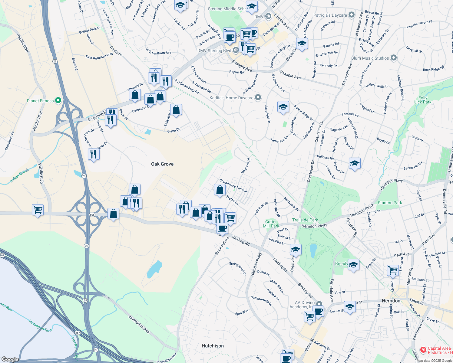 map of restaurants, bars, coffee shops, grocery stores, and more near 45988 Grammercy Terrace in Sterling