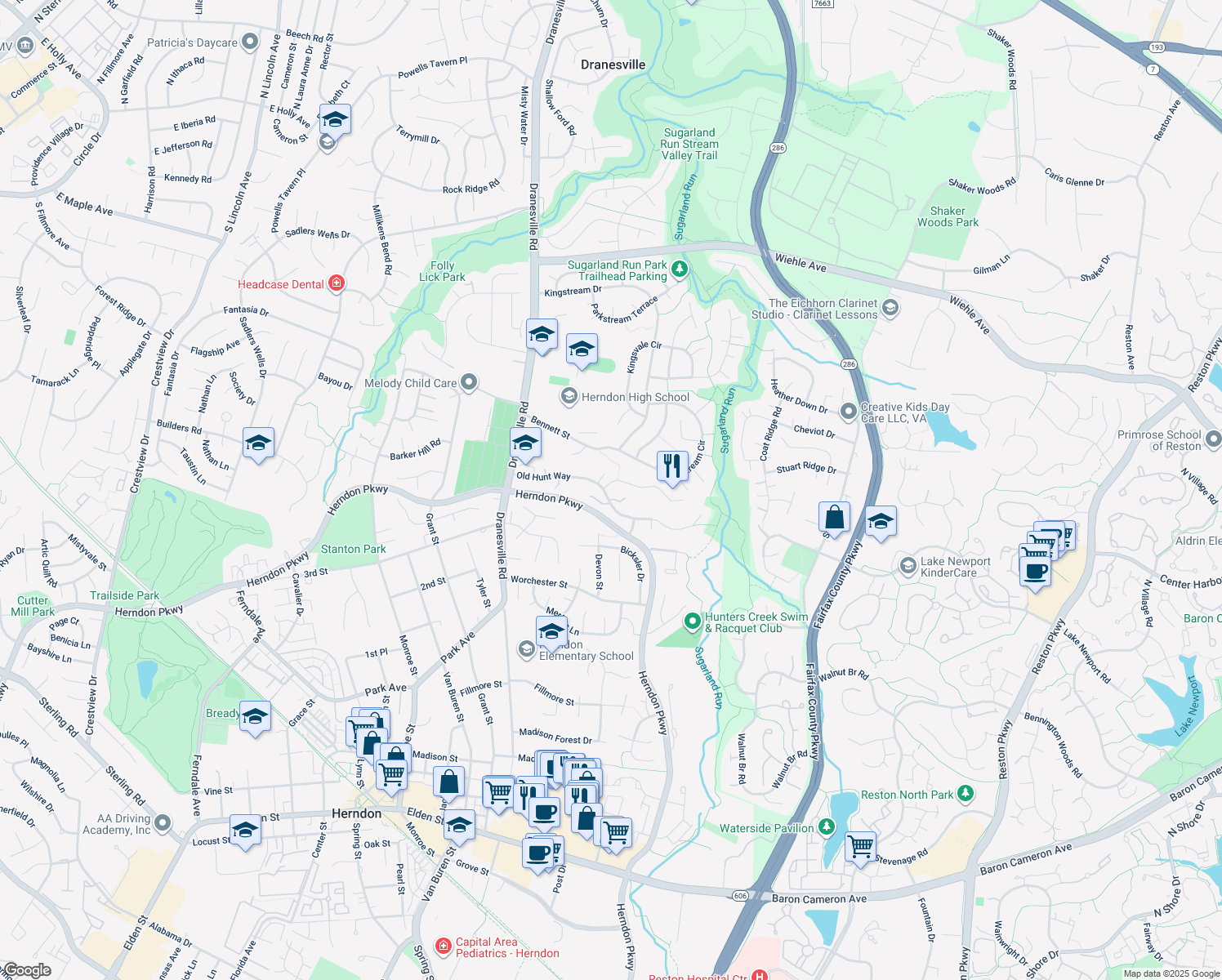 map of restaurants, bars, coffee shops, grocery stores, and more near 699 Huntsman Place in Herndon