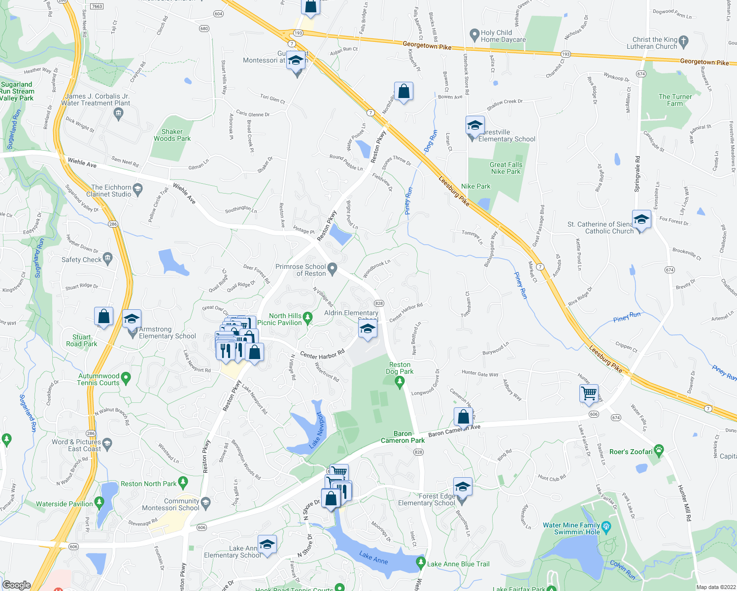 map of restaurants, bars, coffee shops, grocery stores, and more near 1377B Garden Wall Circle in Reston