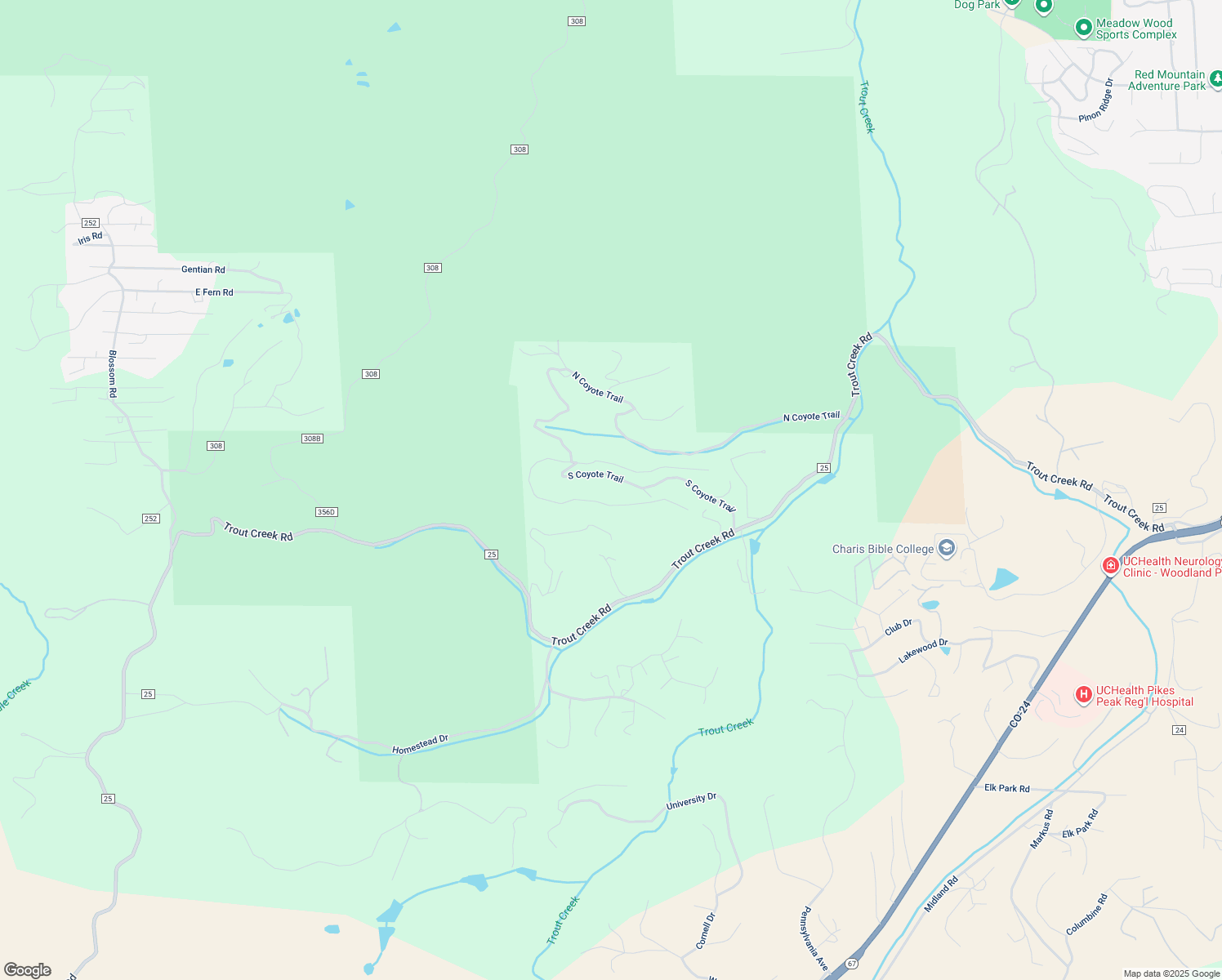 map of restaurants, bars, coffee shops, grocery stores, and more near 671 Pinecrest Road in Woodland Park