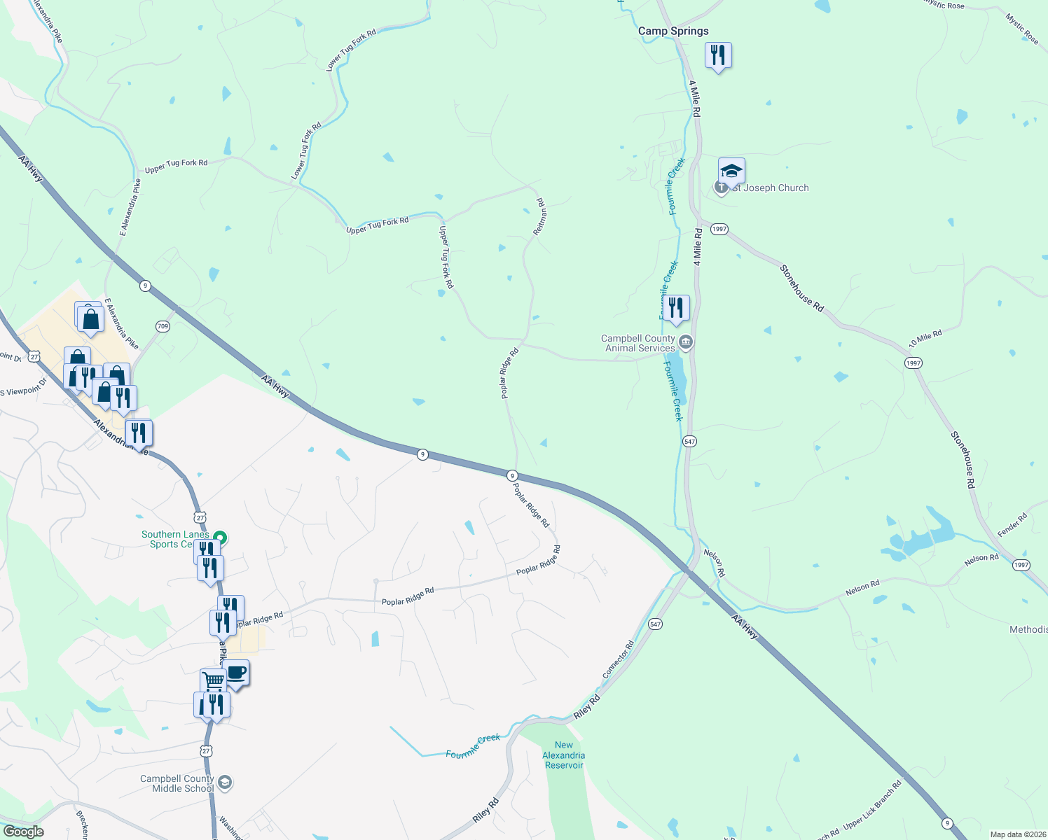 map of restaurants, bars, coffee shops, grocery stores, and more near 1663 Poplar Ridge Road in Alexandria