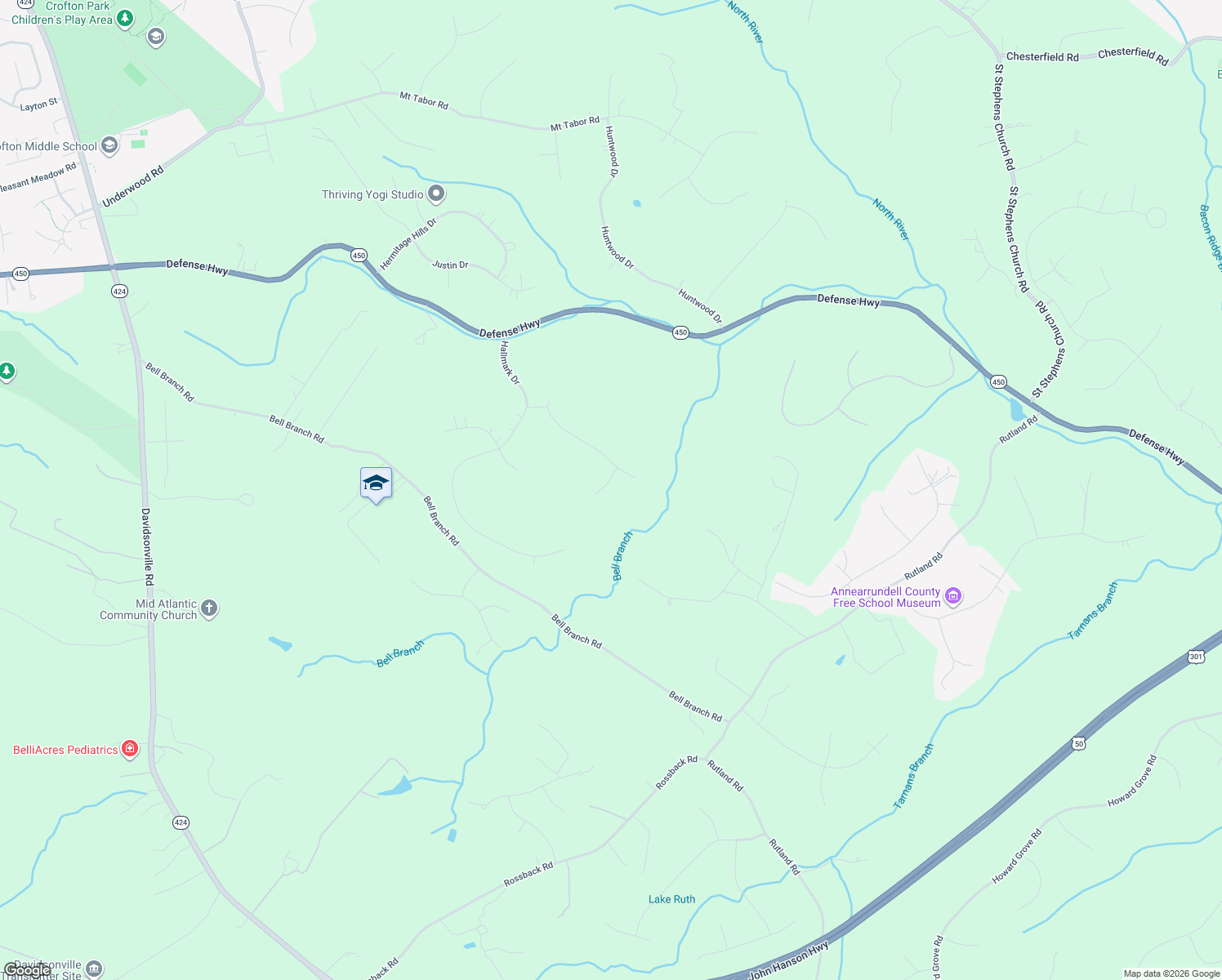 map of restaurants, bars, coffee shops, grocery stores, and more near 1505 Branchwood Terrace in Gambrills