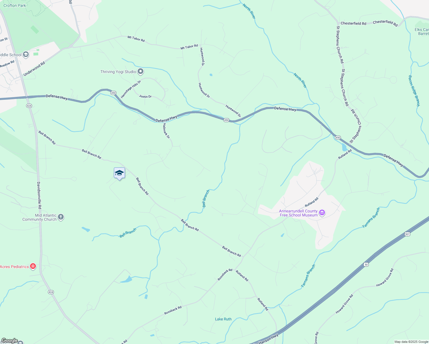 map of restaurants, bars, coffee shops, grocery stores, and more near 2189 Branchwood Court in Gambrills