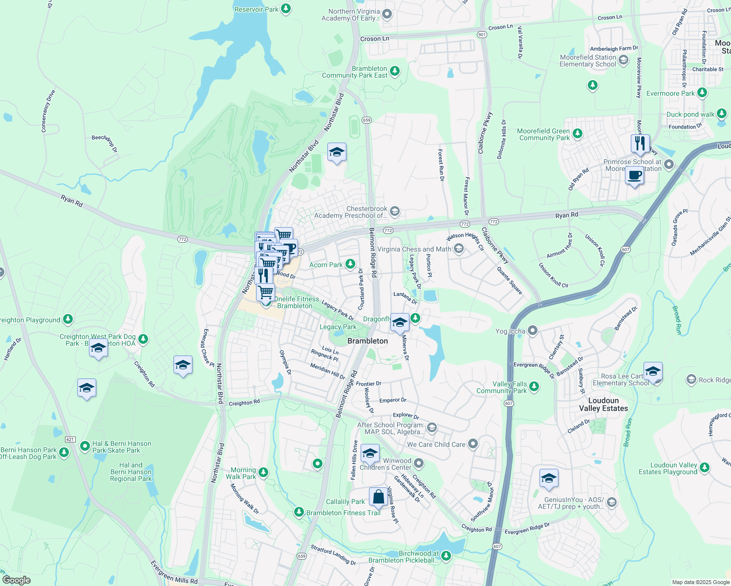 map of restaurants, bars, coffee shops, grocery stores, and more near 22870 Courtland Park Drive in Ashburn