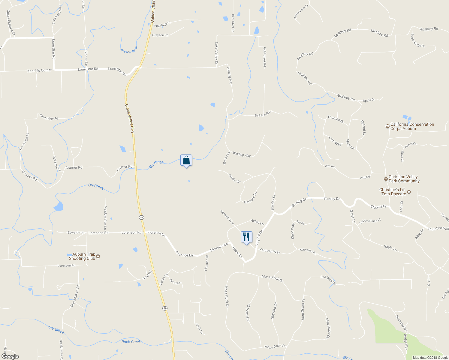 map of restaurants, bars, coffee shops, grocery stores, and more near 6395 Stanley Drive in Auburn