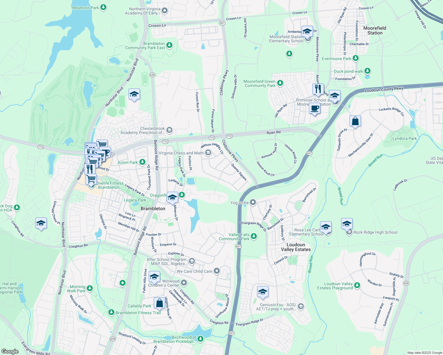 map of restaurants, bars, coffee shops, grocery stores, and more near 22880 North Brown Square in Ashburn