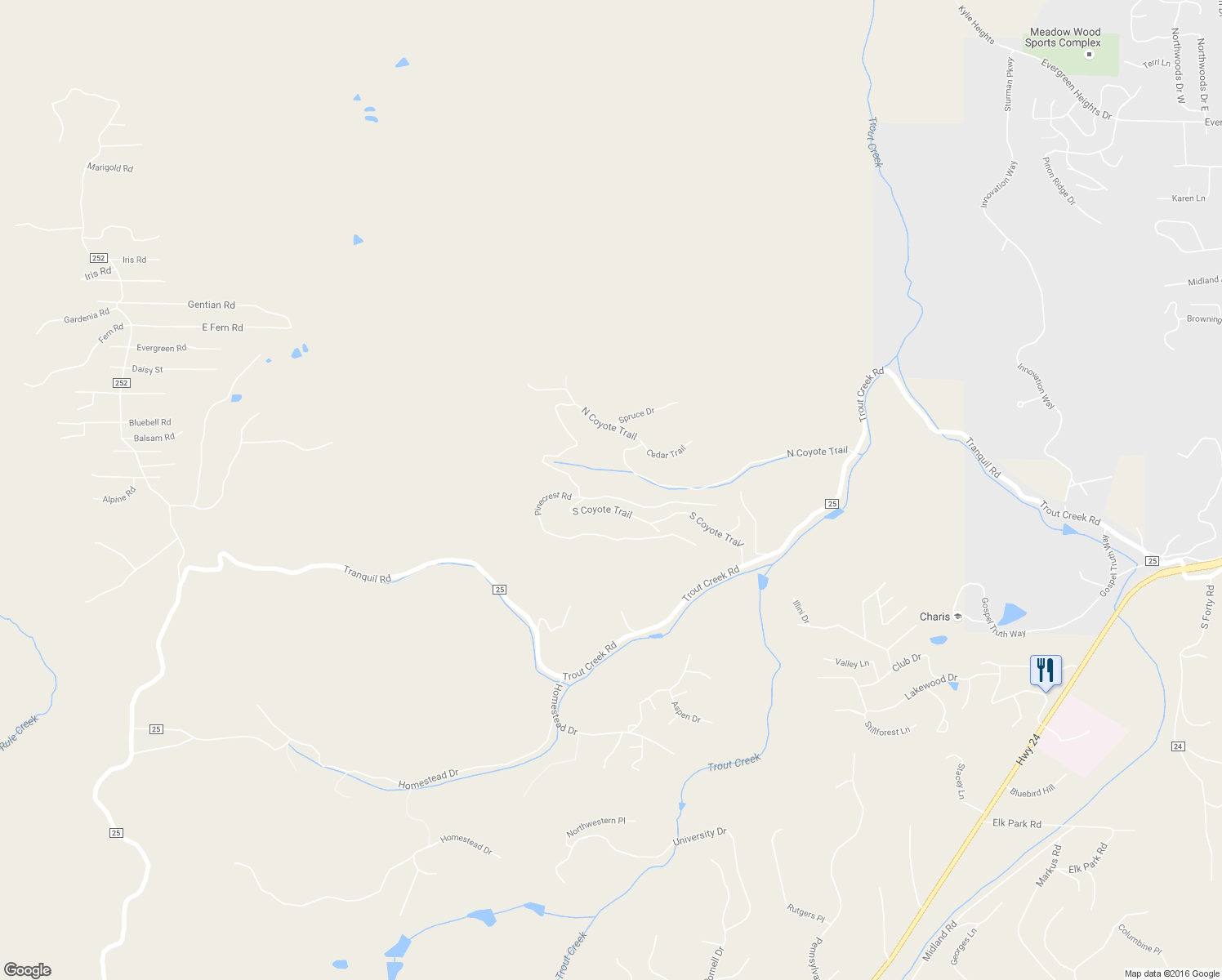 map of restaurants, bars, coffee shops, grocery stores, and more near 630 Pinecrest Road in Woodland Park