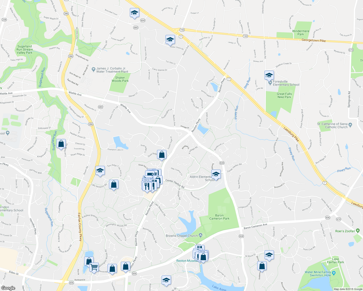 map of restaurants, bars, coffee shops, grocery stores, and more near 1305 Windleaf Drive in Reston