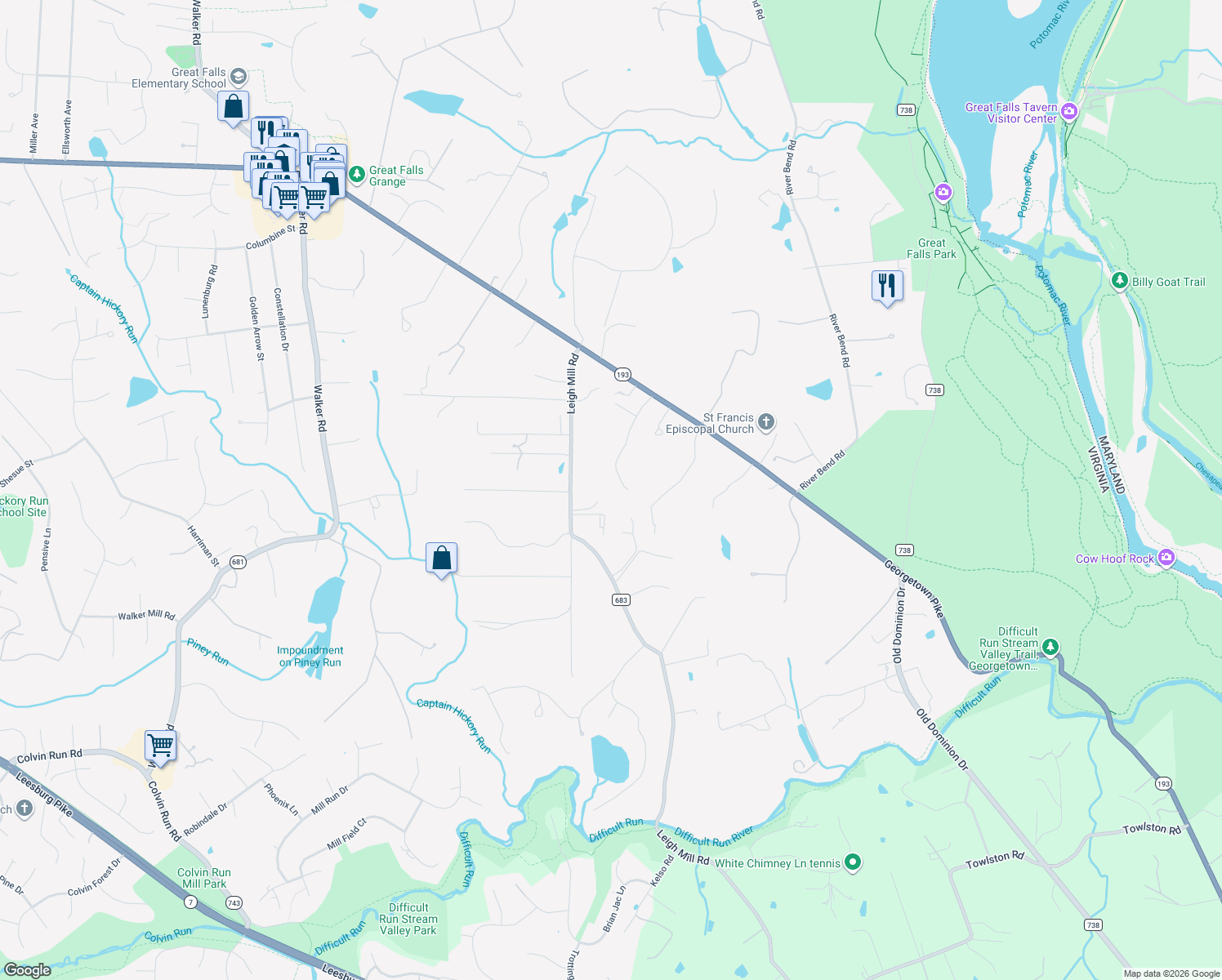 map of restaurants, bars, coffee shops, grocery stores, and more near 812 Olde Georgetown Court in Great Falls