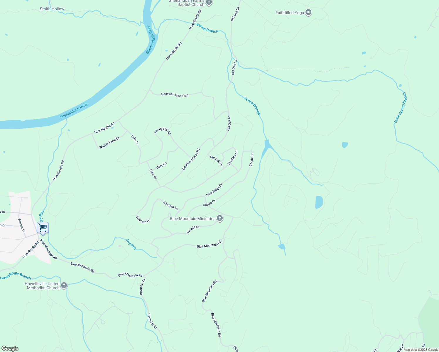 map of restaurants, bars, coffee shops, grocery stores, and more near 1324 Western Lane in Front Royal