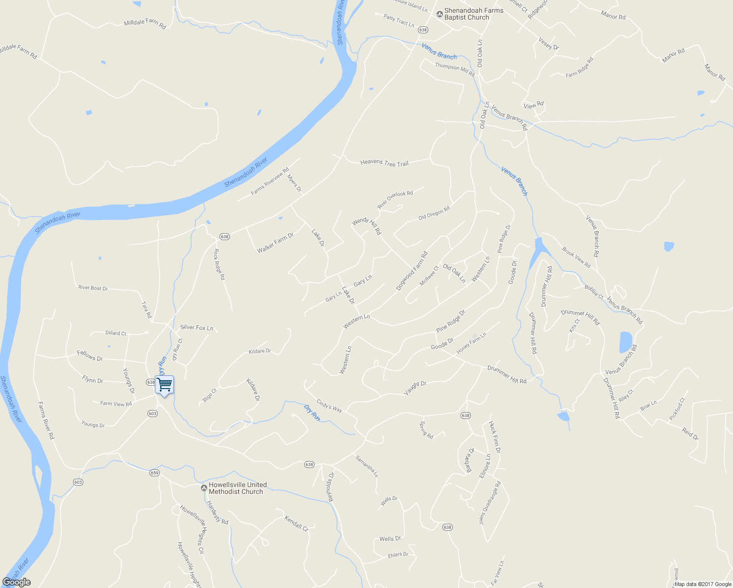 map of restaurants, bars, coffee shops, grocery stores, and more near 73 Martins Farm Road in Front Royal
