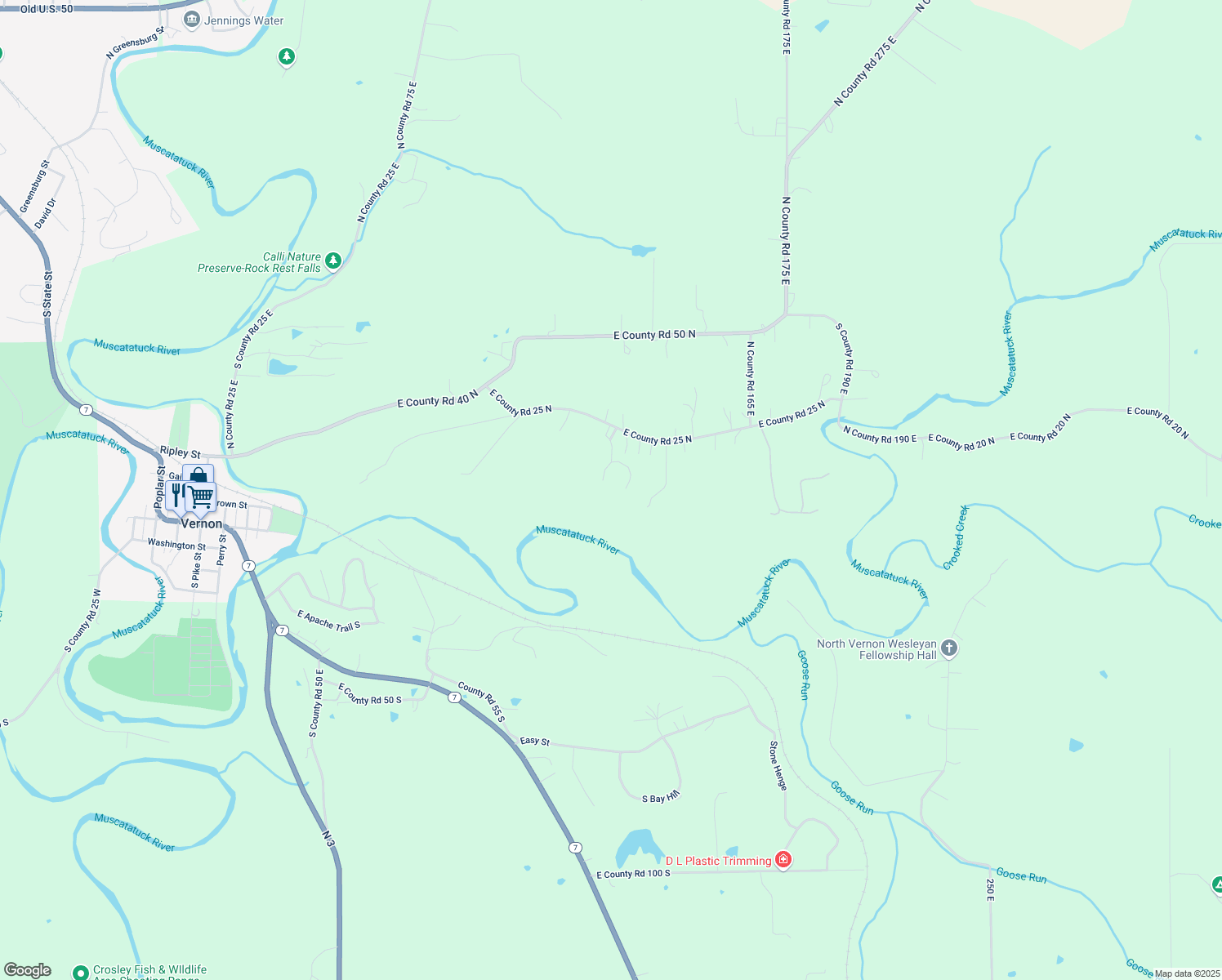 map of restaurants, bars, coffee shops, grocery stores, and more near 180 North Private Road 125 East in North Vernon