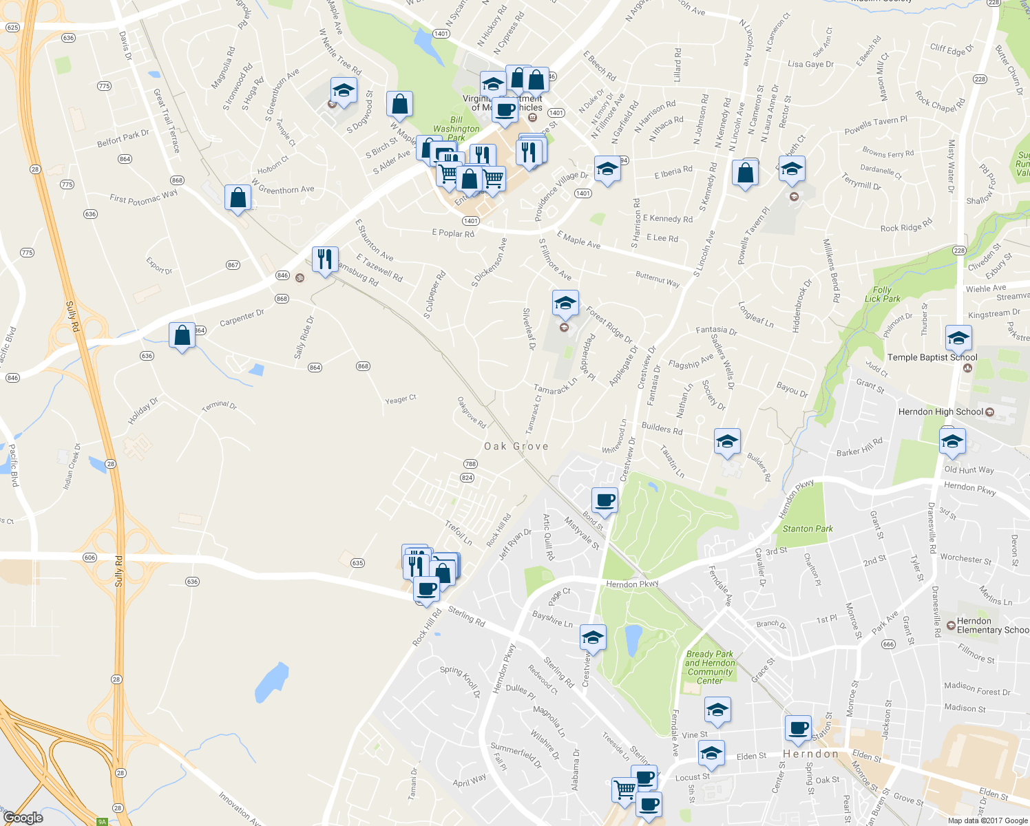map of restaurants, bars, coffee shops, grocery stores, and more near 108 Silverleaf Court in Sterling