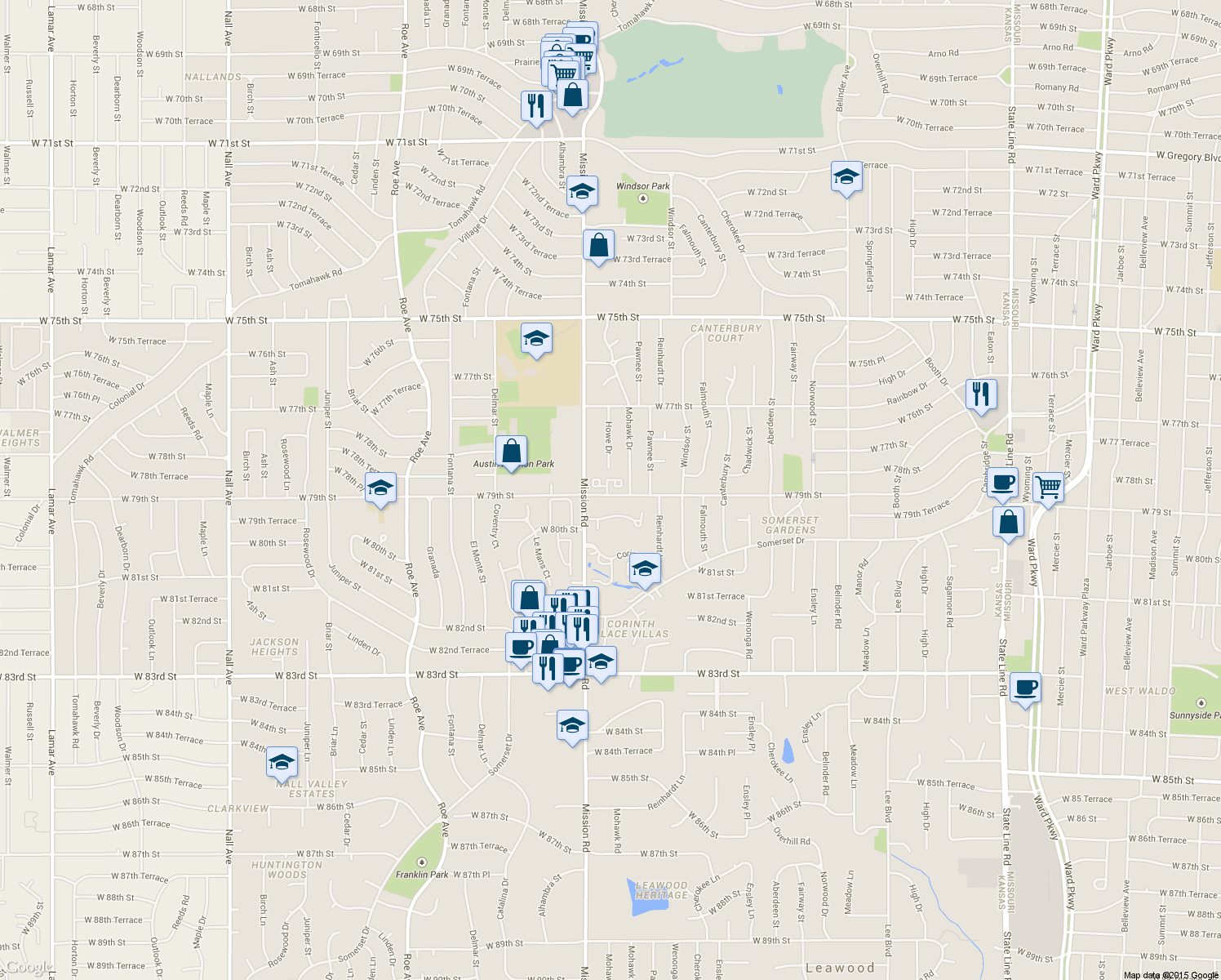 map of restaurants, bars, coffee shops, grocery stores, and more near 7877 Howe Circle in Prairie Village