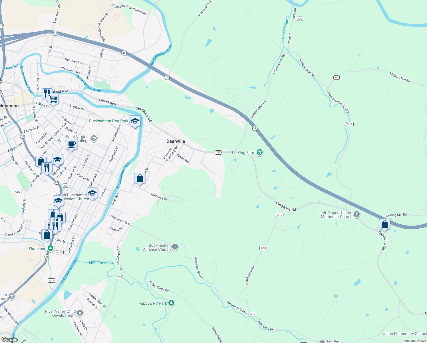map of restaurants, bars, coffee shops, grocery stores, and more near 183 Saratoga Dr in Buckhannon