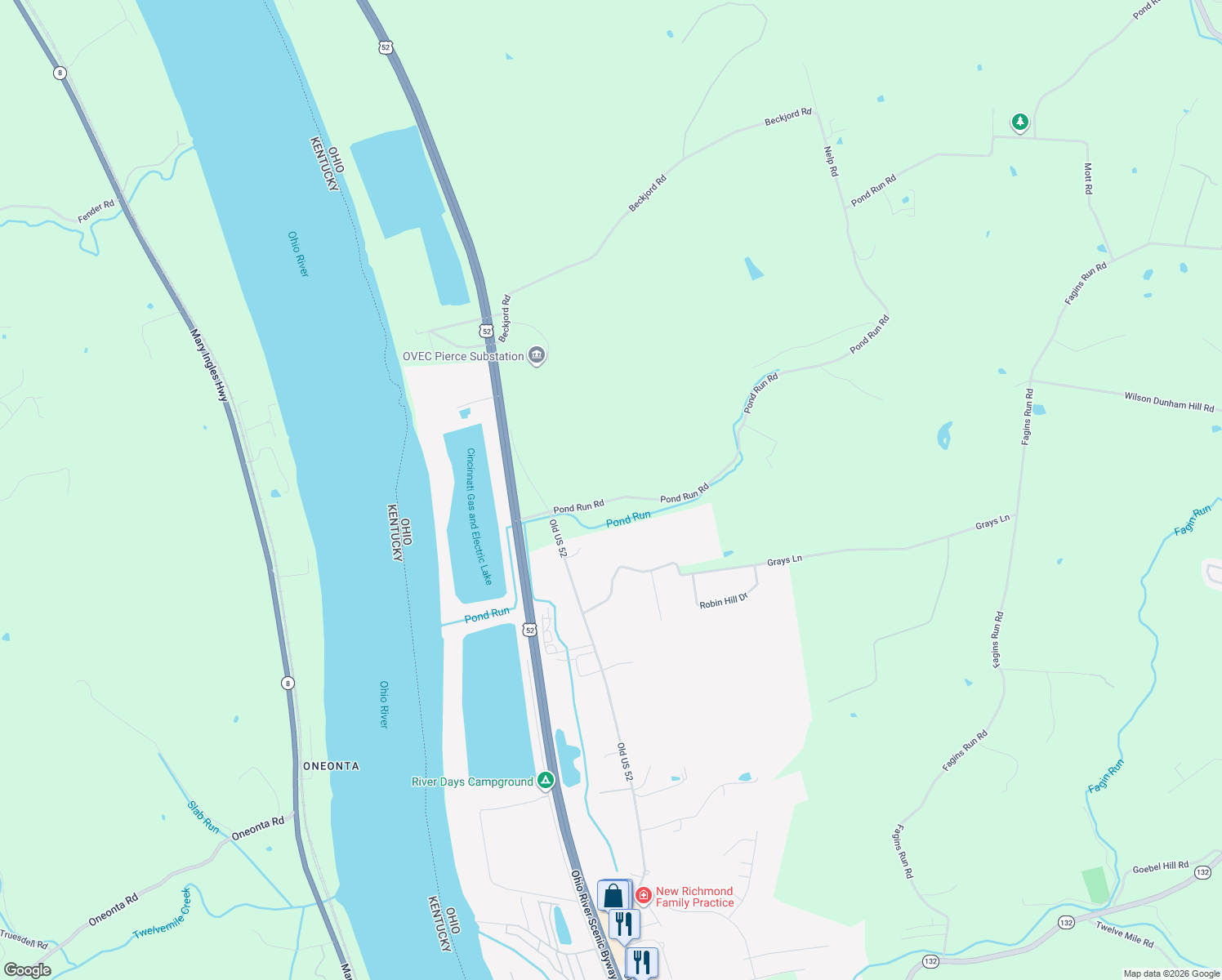 map of restaurants, bars, coffee shops, grocery stores, and more near 2835 Pond Run Road in New Richmond