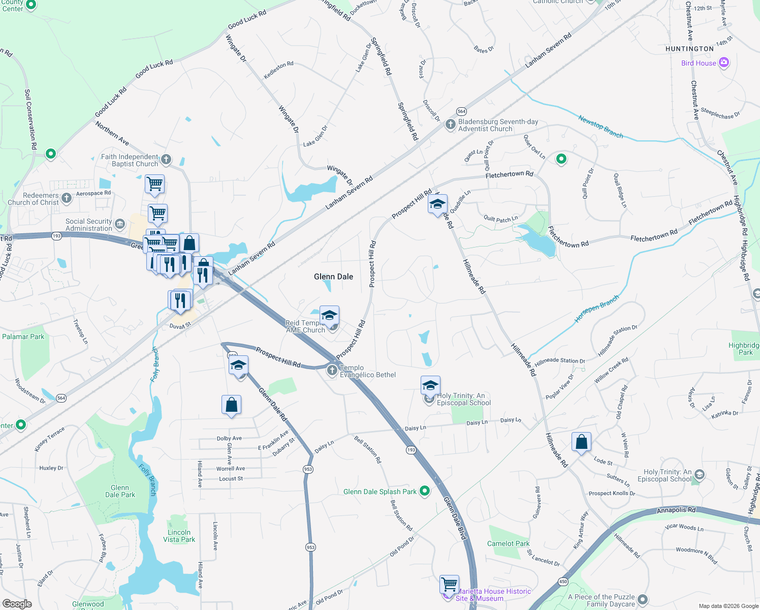 map of restaurants, bars, coffee shops, grocery stores, and more near 11485 Old Prospect Hill Rd in Glenn Dale