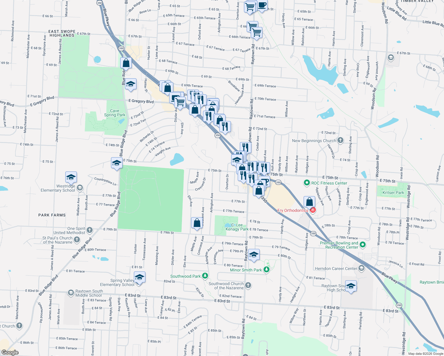 map of restaurants, bars, coffee shops, grocery stores, and more near 7509 Evanston Avenue in Raytown