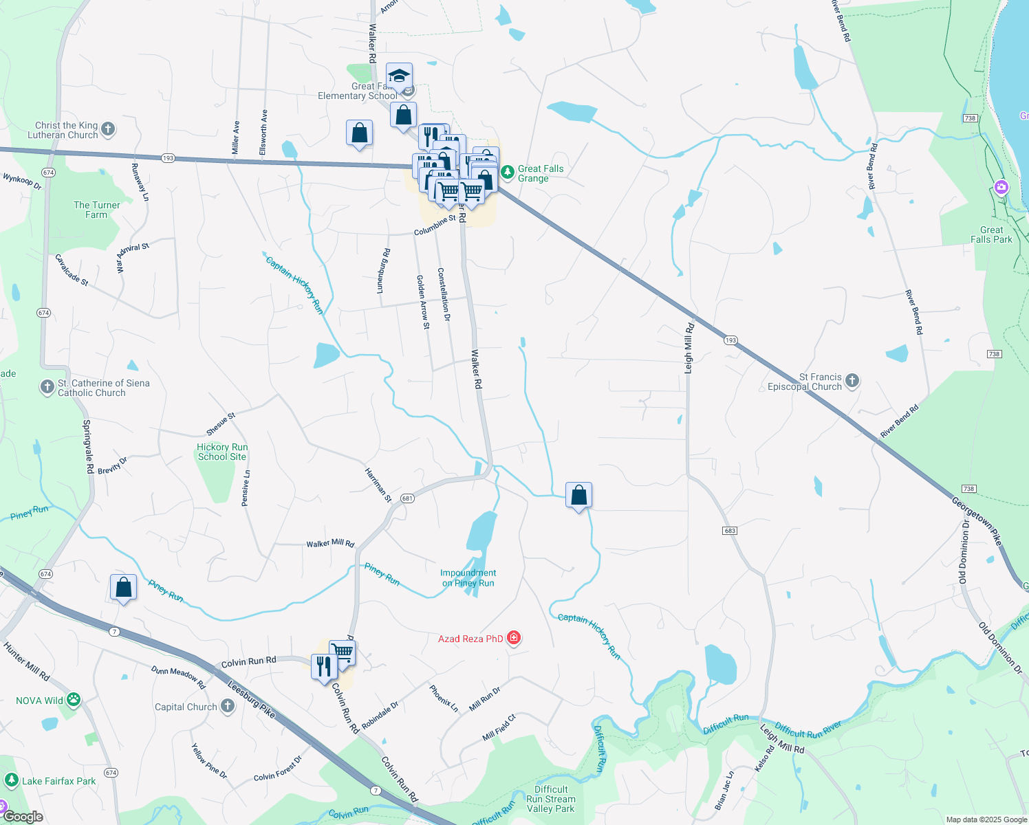 map of restaurants, bars, coffee shops, grocery stores, and more near 9861 Walker Glen Ct in Great Falls