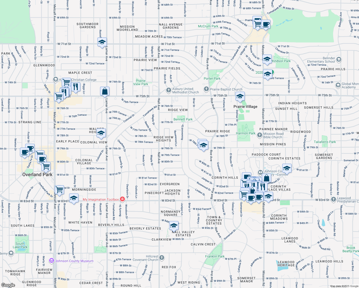 map of restaurants, bars, coffee shops, grocery stores, and more near 7832 Rosewood Drive in Prairie Village