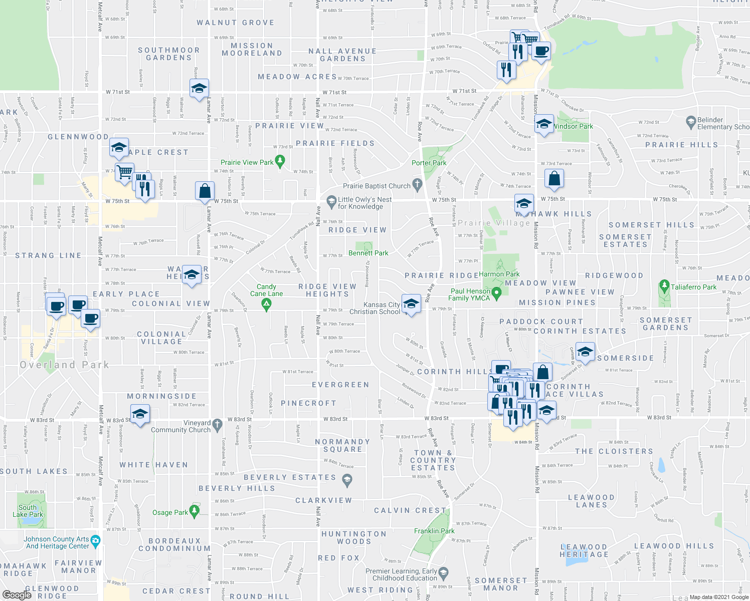 map of restaurants, bars, coffee shops, grocery stores, and more near 7848 Juniper Drive in Prairie Village
