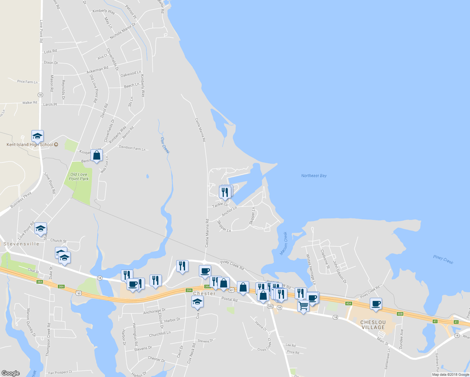 map of restaurants, bars, coffee shops, grocery stores, and more near 300 Bodys Neck Road in Chester