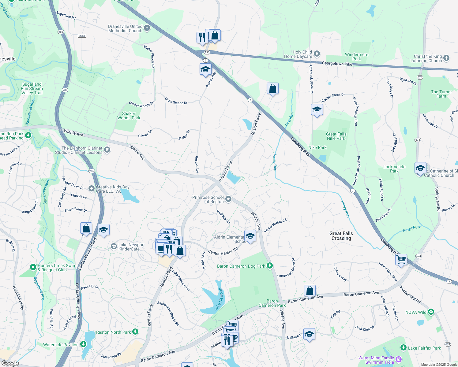 map of restaurants, bars, coffee shops, grocery stores, and more near 1217 Weatherstone Court in Reston