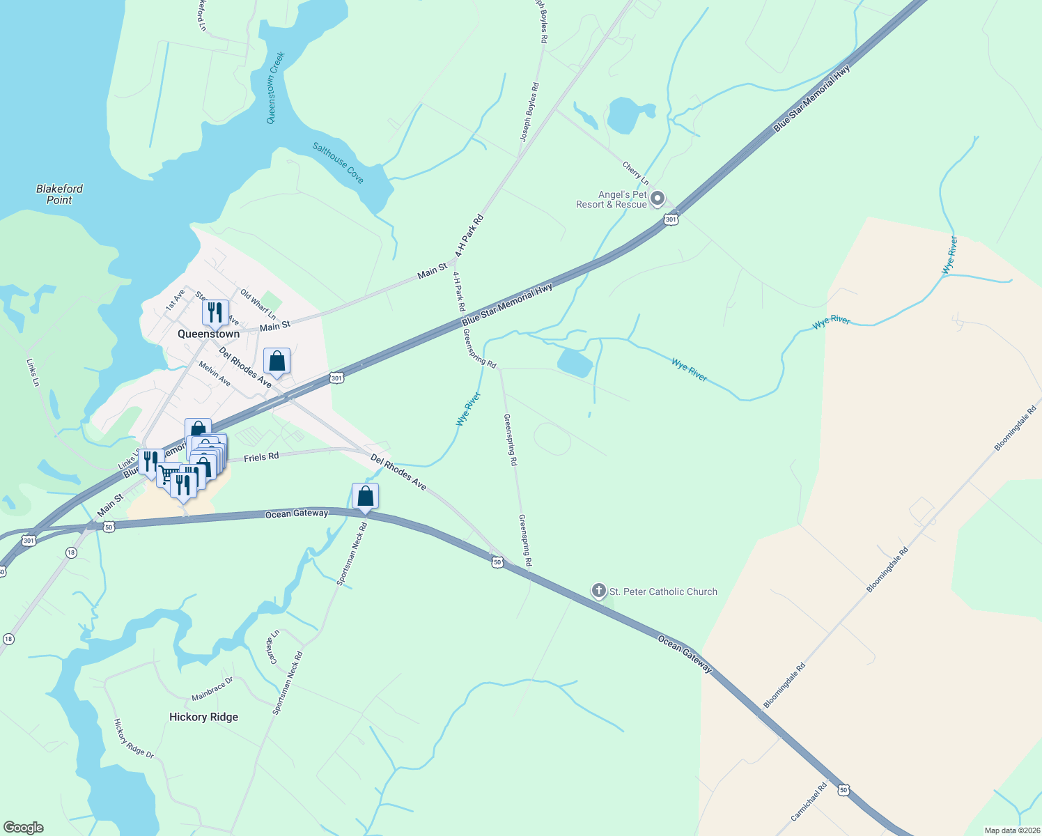 map of restaurants, bars, coffee shops, grocery stores, and more near 321 Greenspring Road in Queenstown