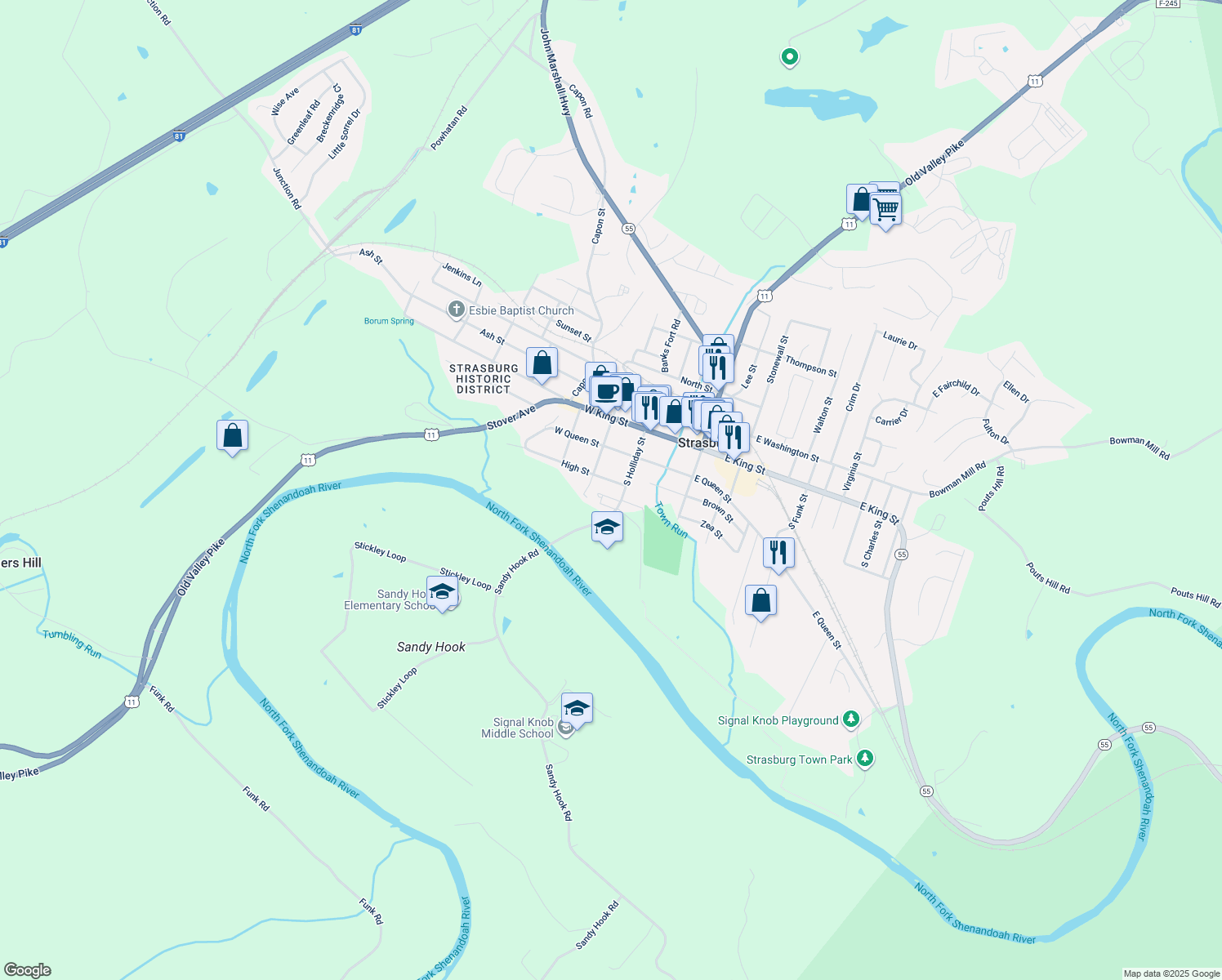 map of restaurants, bars, coffee shops, grocery stores, and more near 139 High Street in Strasburg