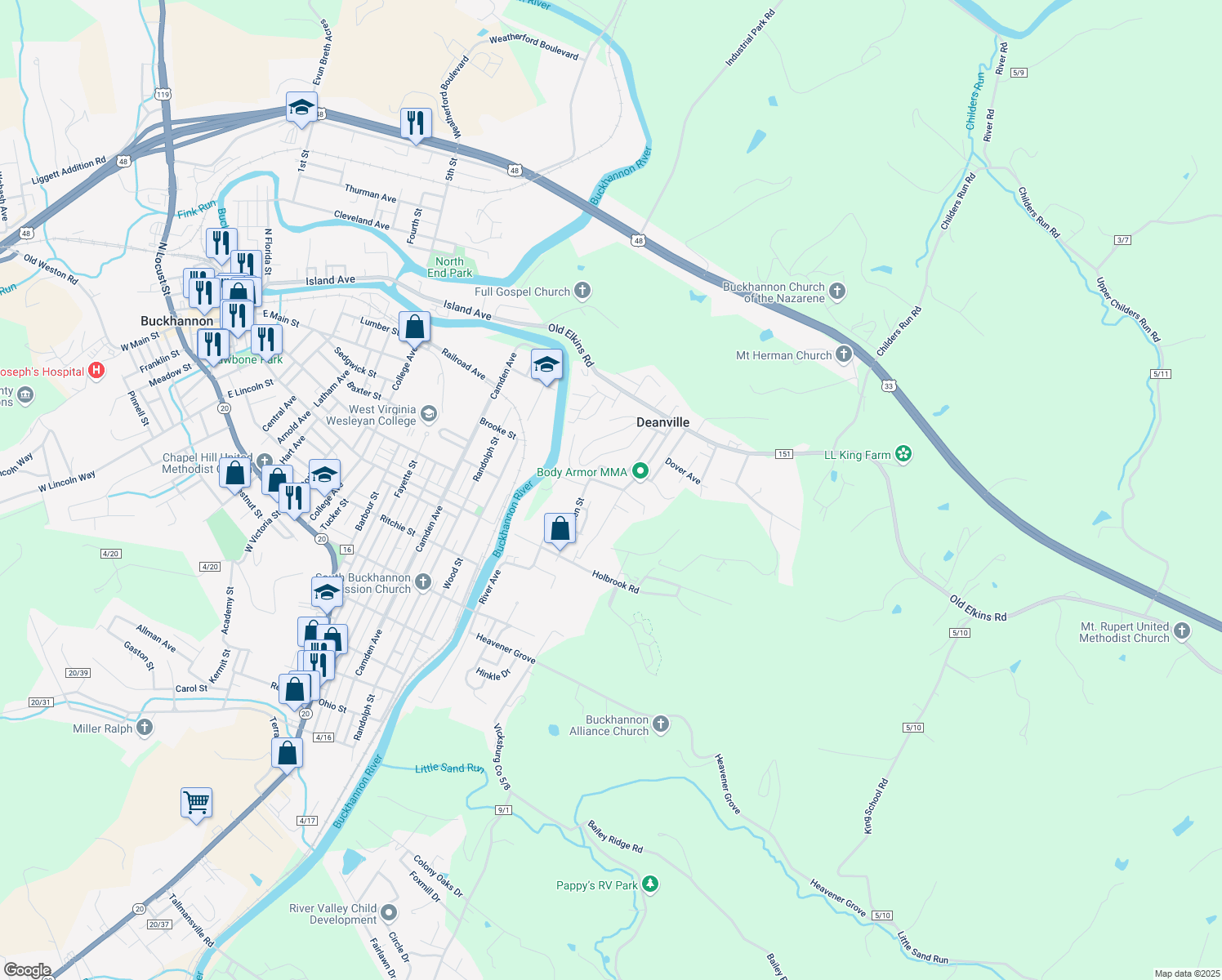 map of restaurants, bars, coffee shops, grocery stores, and more near 283 Vicksburg Rd in Buckhannon