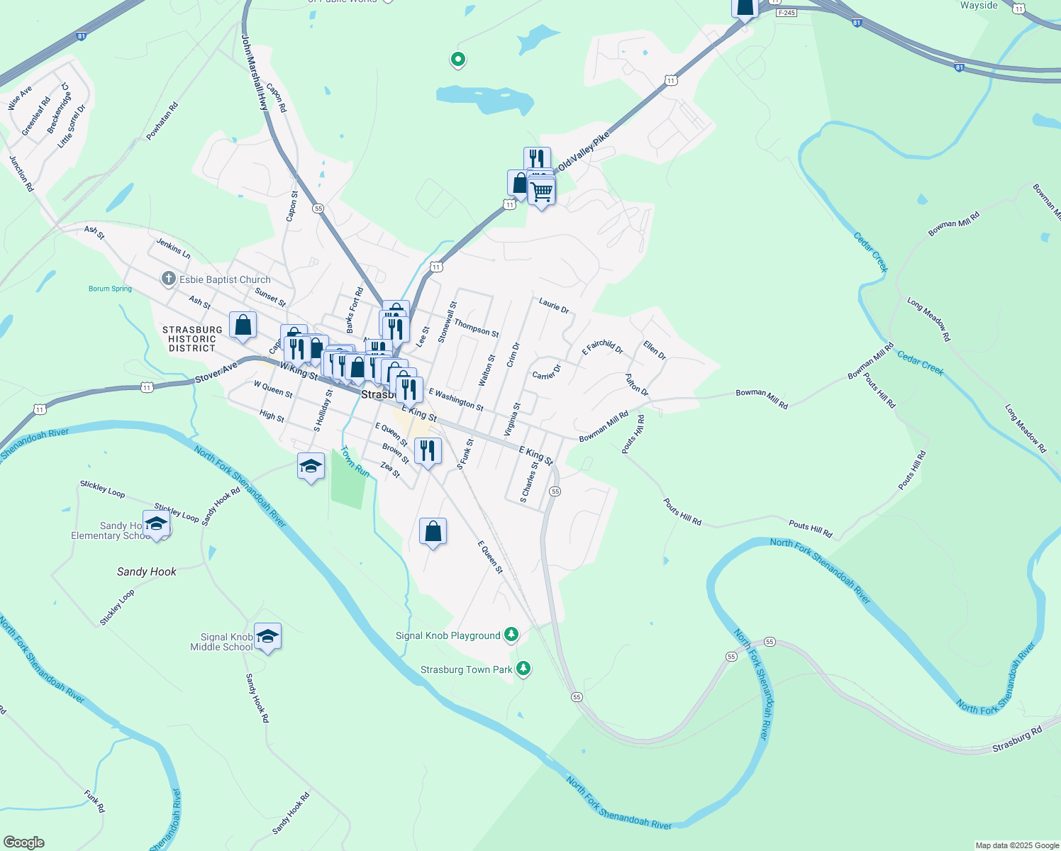 map of restaurants, bars, coffee shops, grocery stores, and more near 1053 East Washington Street in Strasburg