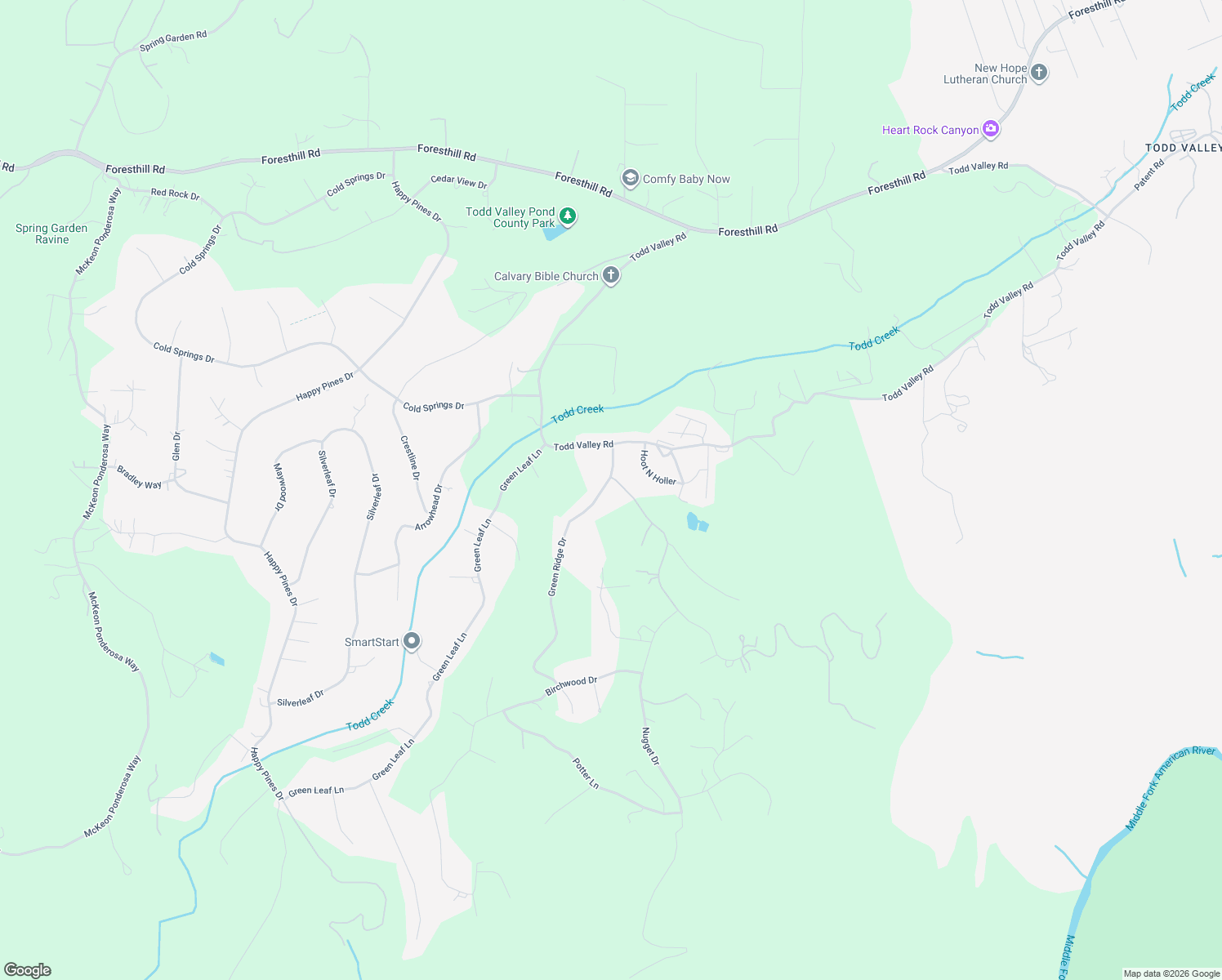 map of restaurants, bars, coffee shops, grocery stores, and more near 21031 Oakwood Lane in Foresthill