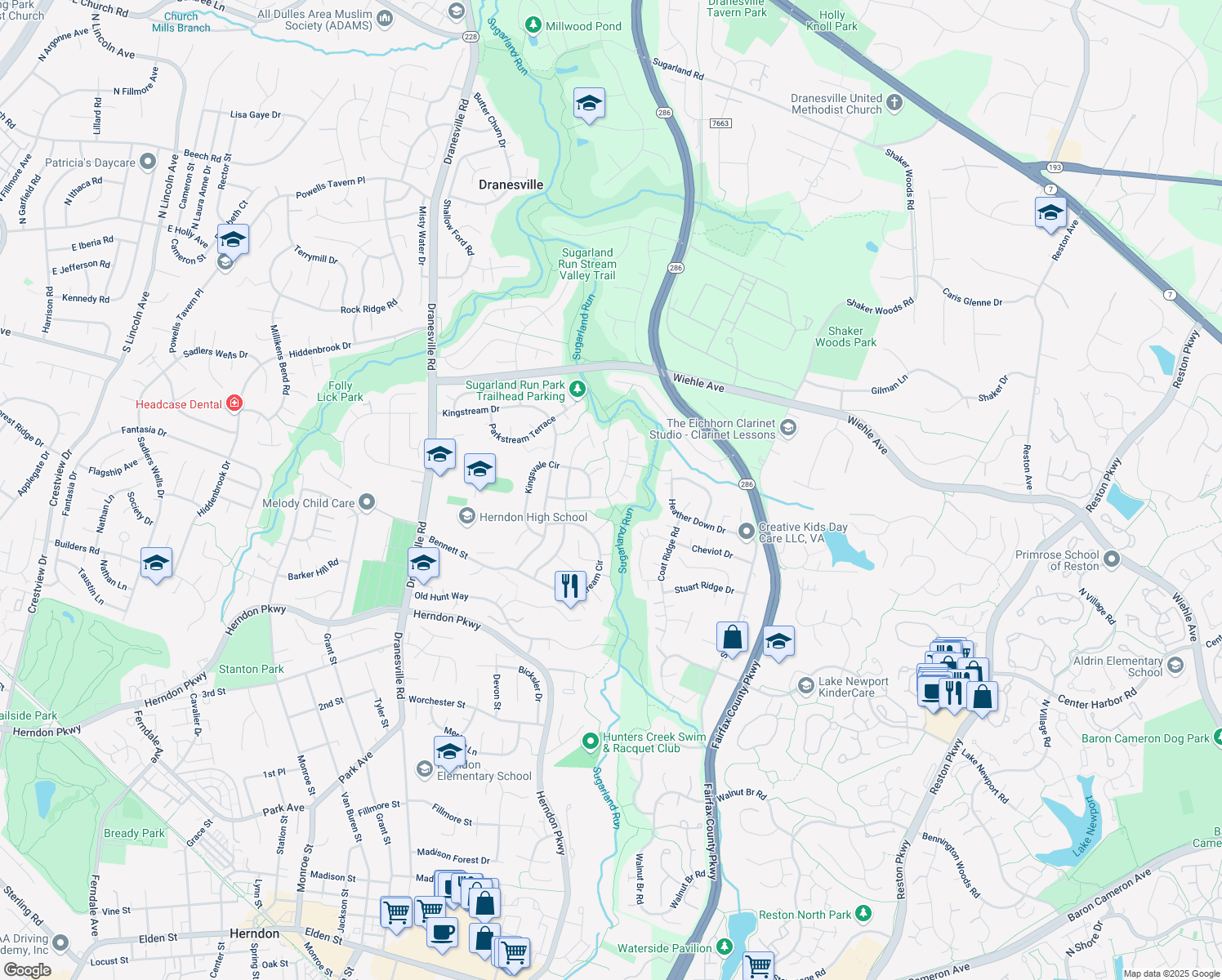 map of restaurants, bars, coffee shops, grocery stores, and more near 12146 Eddyspark Drive in Herndon