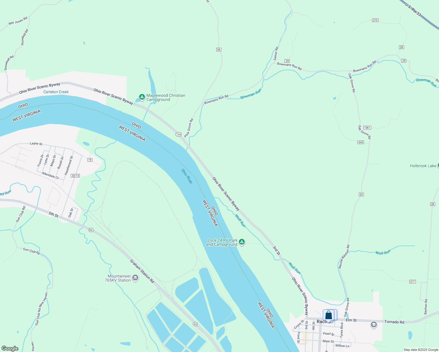 map of restaurants, bars, coffee shops, grocery stores, and more near 46424 Ohio 124 in Racine