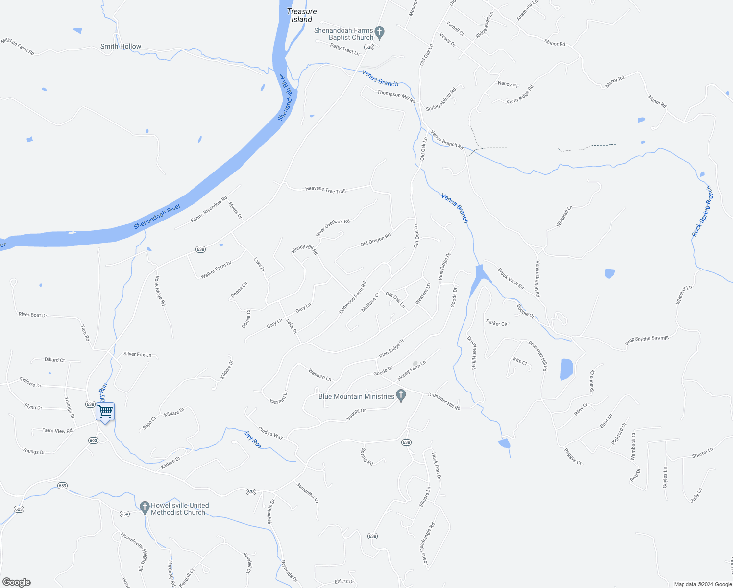 map of restaurants, bars, coffee shops, grocery stores, and more near 362 Dogwood Farm Road in Front Royal