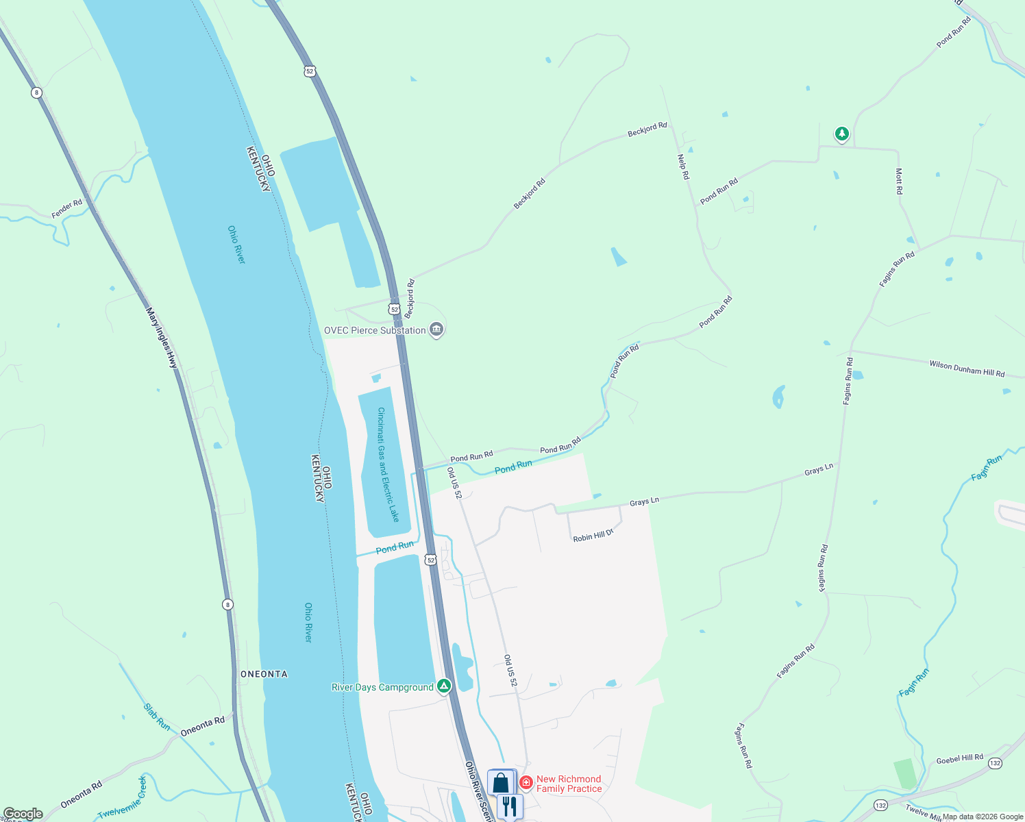 map of restaurants, bars, coffee shops, grocery stores, and more near 2835 Pond Run Rd in New Richmond