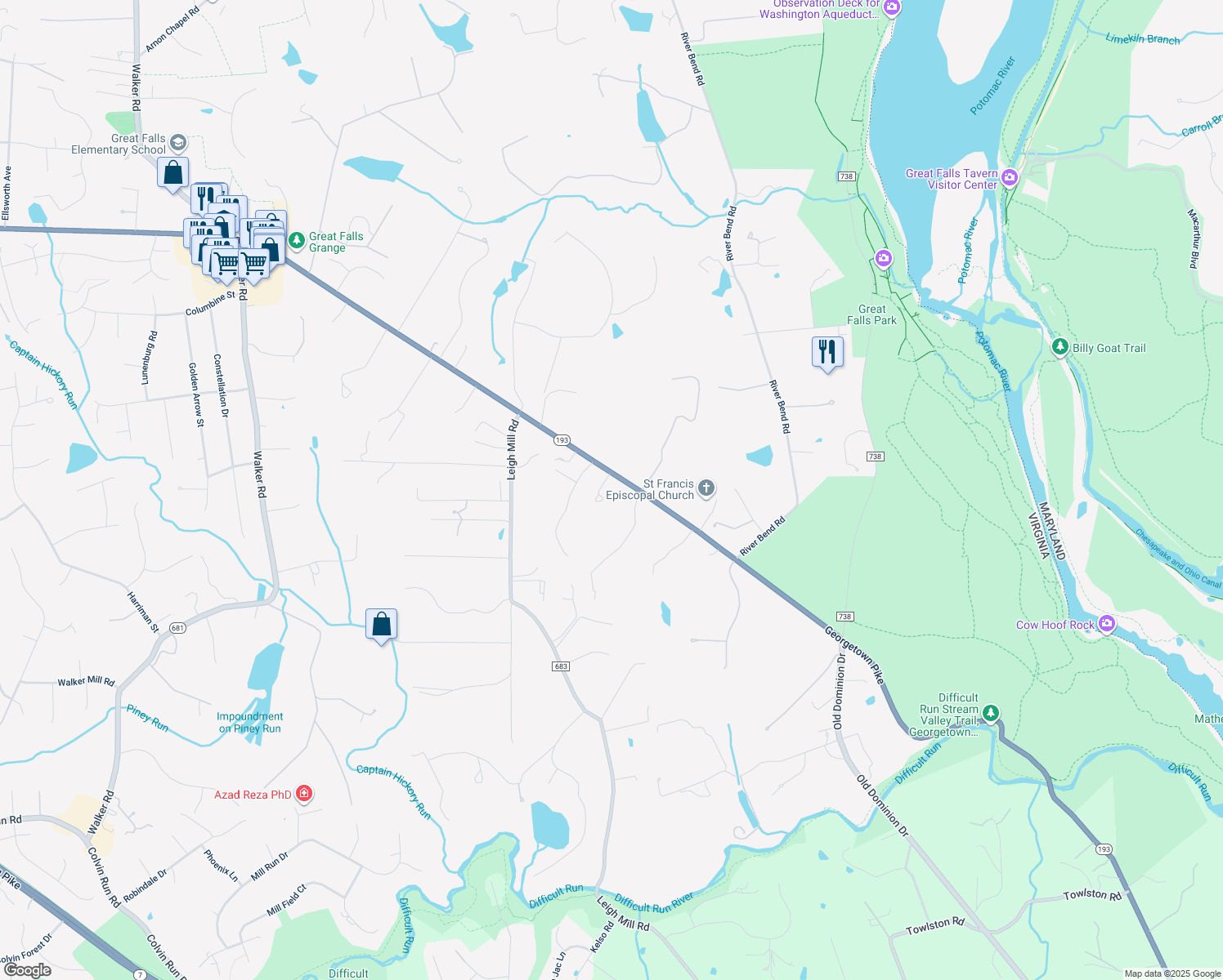 map of restaurants, bars, coffee shops, grocery stores, and more near 9315 Georgetown Pike in Great Falls