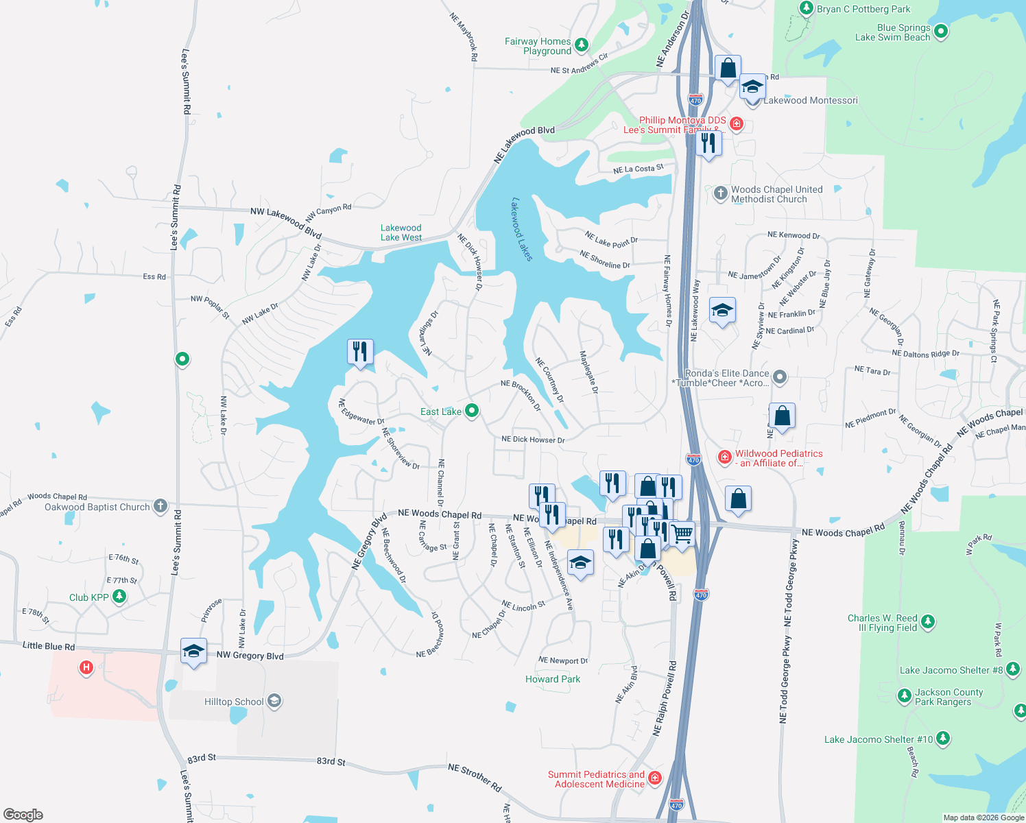 map of restaurants, bars, coffee shops, grocery stores, and more near 4116 Northeast Pembroke Lane in Lee's Summit